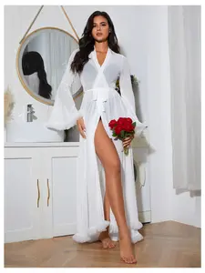 Ruffle Trim Long Sleeve Belted Sheer Mesh Wedding Bride Robe Nightgown,wedding party, Valentine's Day Gift