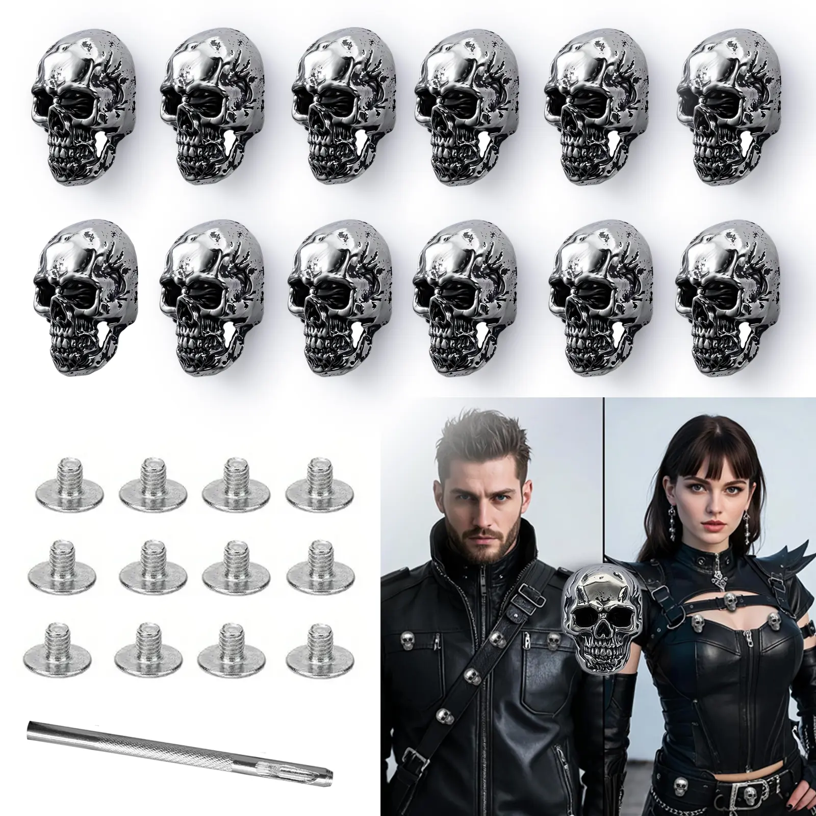 Men's Skull Head Shirt Studs Set, Cool Silver Color Antique Copper Texture Design, 12 Pieces for Party & Business Use, Stylish Men's Accessory Gift