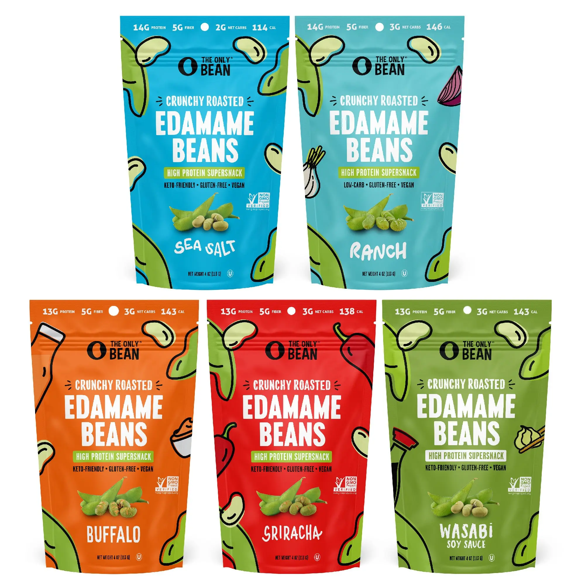 The Only Bean Crunchy Roasted Edamame Beans Variety - 4.0oz (5 Pack) - Keto Snack, High Protein, Low Carb, High Fiber, Gluten-Free & Vegan