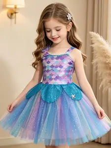 Girls' Cute Gradient Scale Tutu Dress, Sleeveless Crew Neck with Sparkly Tulle Skirt, Bow & Starfish Decor for Ocean Theme Birthday Party