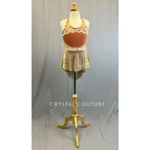 Custom Rust Orange Halter Leotard  with Nude Lace Cutouts and Attached Nude Mesh Skirt