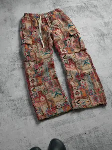 Men's Vintage Ethnic Patchwork Wide Leg Pants, Casual Fuzzy Drawstring Flared Trousers, 1 Piece Long Pant Set