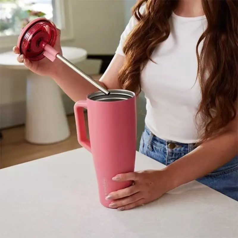 30/40oz Stainless Steel Straw Cup with Handle and Straw, Leak-Proof Insulated Mug, Car Cup Holder Design, Model Xinghao