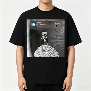 Viral Meme Doorbell Camera T-Shirt, Funny Money Graphic Tee, Oversized Cotton Streetwear, Custom Print Top for Men Women, Viral Trend Shirt