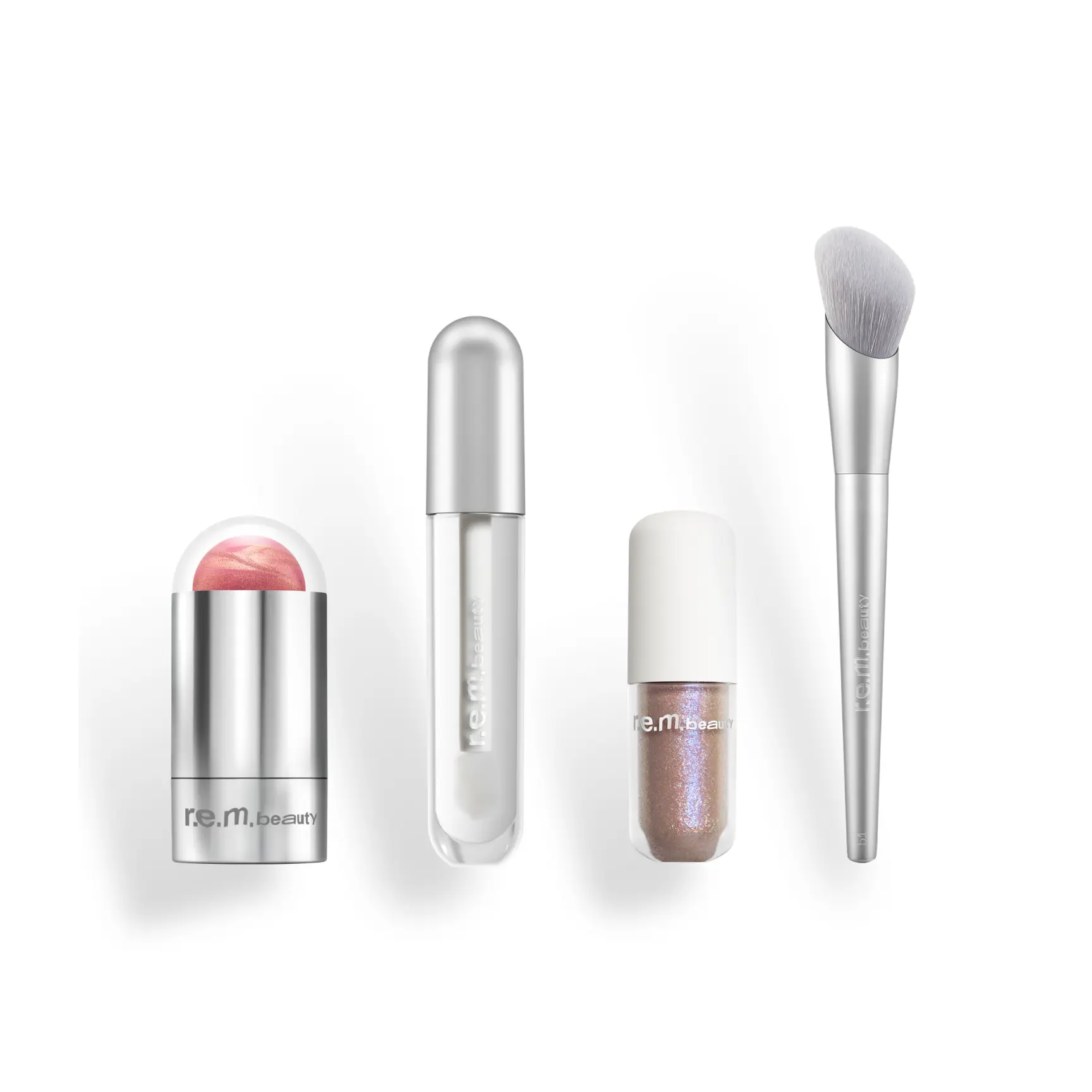r.e.m. beauty by Ariana Grande - keep it cheeky makeup set - glossy balm in on ice, mélange à trois blush & highlight stick in satin, starlet lustrous liquid eyeshadow in fembot and a free blush brush