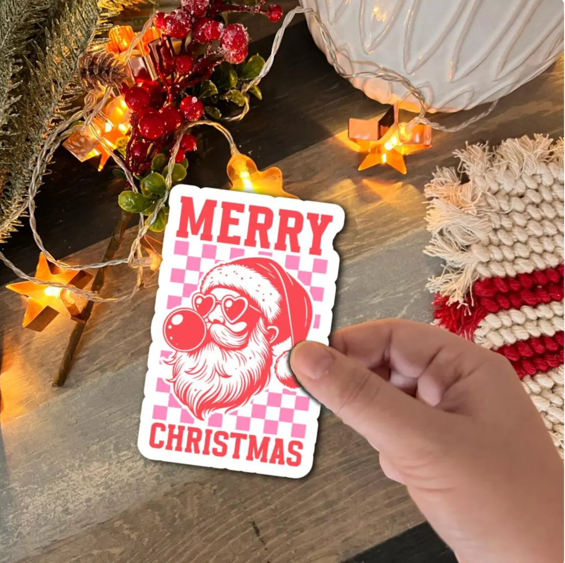 Retro Funny Santa Christmas Adhesive Vinyl Stickers Pack - Durable, Waterproof, Glossy Window Decal with Festive Design, Winter Home Decor Gift, Smooth Ornaments, Glossy Sticker