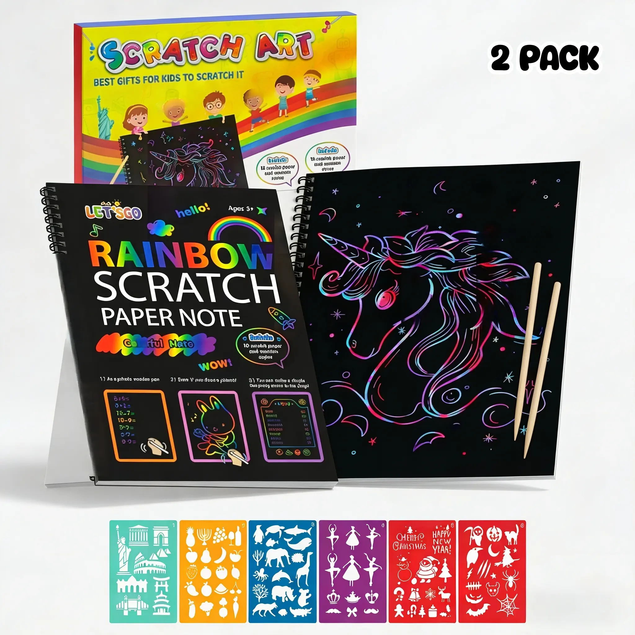 Vibrant Rainbow Scratch Paper Set - 2-Pack with Wooden Stylus, DIY Craft Kit, Practical Notes, Magic Scratch Drawing Toy for Kids Ages 3-12, Versatile Use for Classroom Activities