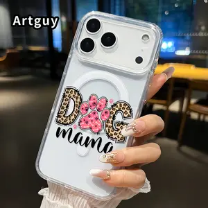 Clear Phone Case for iPhone 17 16  Pro Max Plus 15 14 13 12 11 Air E Dog Mama Paw  Pattern Magnetic Sunction Acrylic Back Full Body Protective Cover