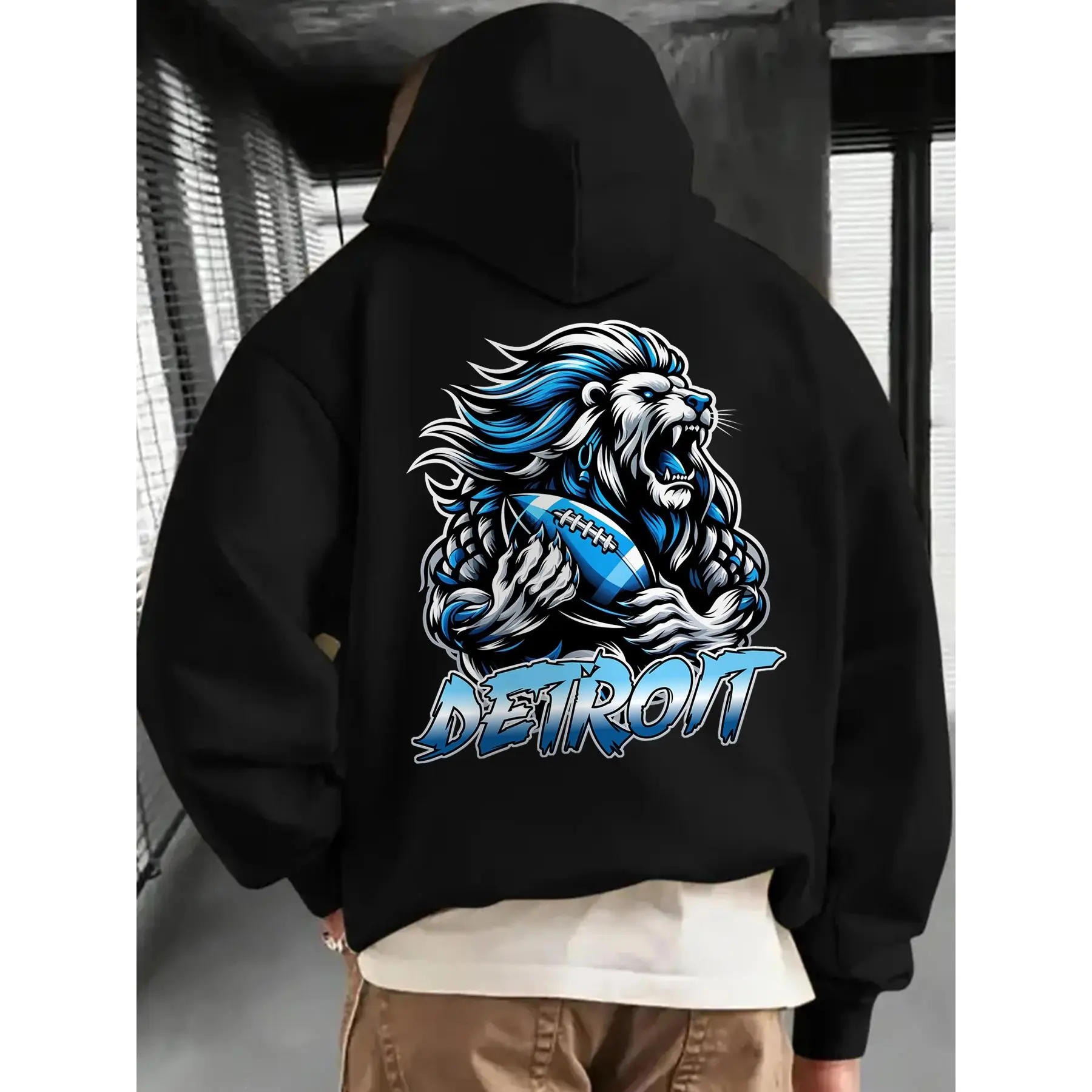 Creative Gifts, Gifts for Men, 1pc DETROIT Football Creative Graphic Print Casual Hoodies, Suitable for Football Enthusiasts, Men'S Hoodie And Sweatshirt, New Stylish Printed Casual Pocket Hoodie, Suitable for Autumn And Winter, Unisex.