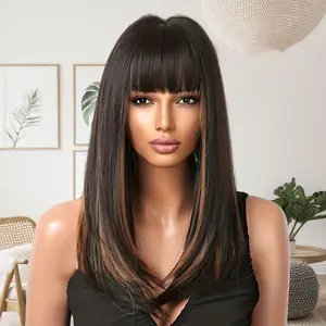 Middle Long Straight Highlight Brown Black Wigs with Bangs, Synthetic Hair Wigs, Women's Wigs for Daily Use Party or Cosplay Taking Photos, Longhair