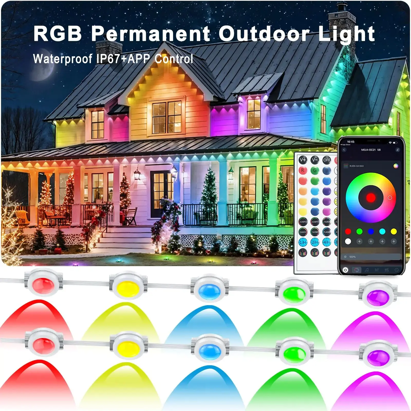 100FT Holiday Decorative Lights, RGB Smart Eaves Lights, controllable via app/remote control, IP67 waterproof, RGB color changing, suitable for holiday lighting, garden decoration, and LED light strips.