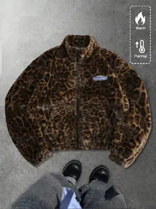 Unisex design in Y2K style, Full-body plush leopard print and letter emblem pattern, Autumn and winter fleece-lined, warm jacket/outerwear, Zippered jacket, Perfect for streetwear, Y2K fashion, couples’ outfits, and trendy styles
