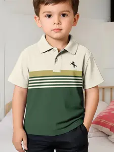 Vintage Colorblock Collared Short Sleeve Polo Shirt, Button Front Shirt, Preppy Shirts, Casual Slim Fit, All Seasons, with Button, No Zipper, Stylish Kids' Clothing