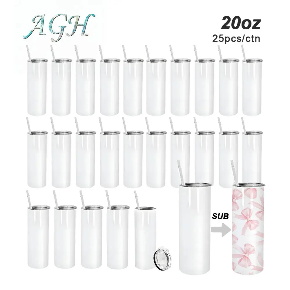 AGH 25pcs 20oz Sublimation Skinny Tumbler Stainless Steel Double Wall Vacuum Insulated  Leakproof Lid for Custom Designs Thermos Cup Portable