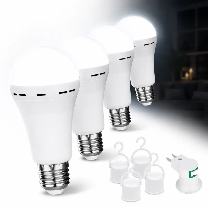 4 Pack Rechargeable LED Light Bulb for Power Outage, 1500mAh Emergency Bulb with Hook, 12W Cool White Light for Home Camping Hiking