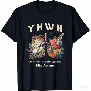 Vintage Washed 100% Cotton Short-Sleeve T-Shirt - YHWH Floral Butterfly & "Every Breath Speaks His Name" Print, Comfortable Loose Fit Casual Tee for All Seasons, T-shirt Stylish, Allseason Apparel, Artistic Print Shirt, Medium Stretch Fabric