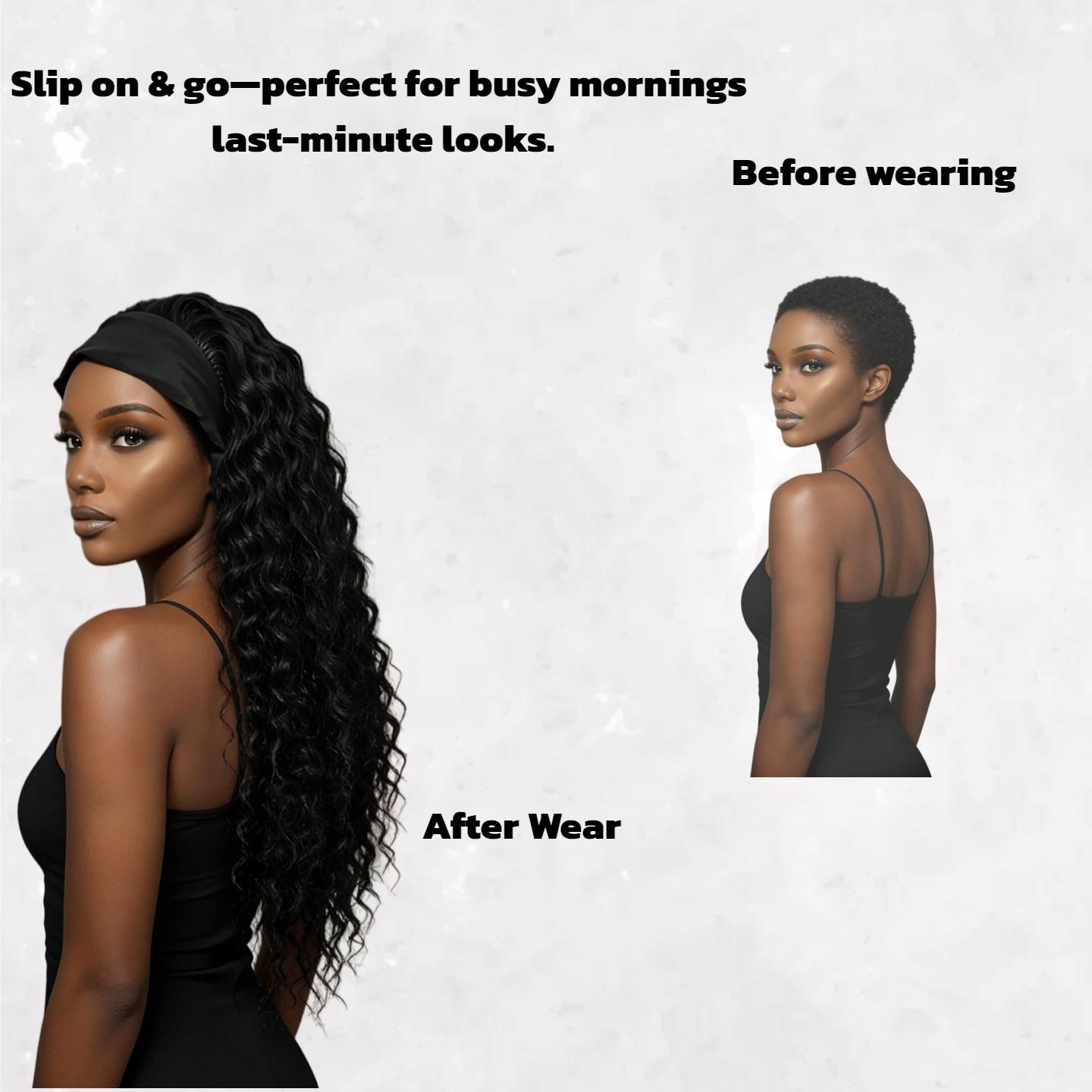 Curly Headband Wig —glueless ready to wear wig Voluminous, Tight Curls; Synthetic Hair Designed for Black Women; Non-Lace Headband Wig; 150% Density (Natural Color)
