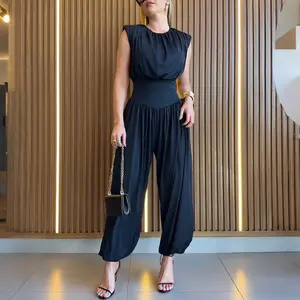 ChicMe Women's Padded Shoulders Sleeveless Cinched Basque Waist Side High Slit Overalls Casual Hollow-out Back Wedding Guest Ruched Jumpsuit