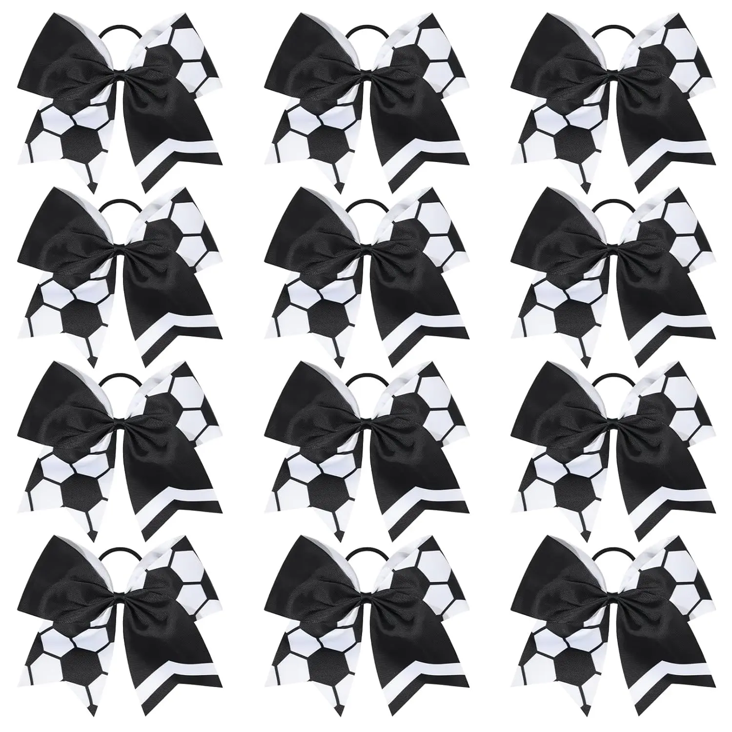 12 count Soccer Bows 8" Soccer Cheer Bow Large  Hair Bows Cheerleading Bows Bulk Elastic Band Ponytail Holder for Teen College Football Competition-White Black