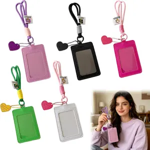 Simple Design Korean Style Vertical Dual Card Holder Lanyard, Girl Solid Color Three-Inch Instant Photo ID Badge Holder Card Case School Wallet