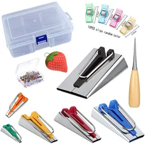 Fabric Bias Tape Maker Set of 19 count Tools with Instruction,Bias Maker 1/4" 3/8" 1/2" 3/4" 1" 2" Quilting Pins Sewing Pincushion Clips Awl