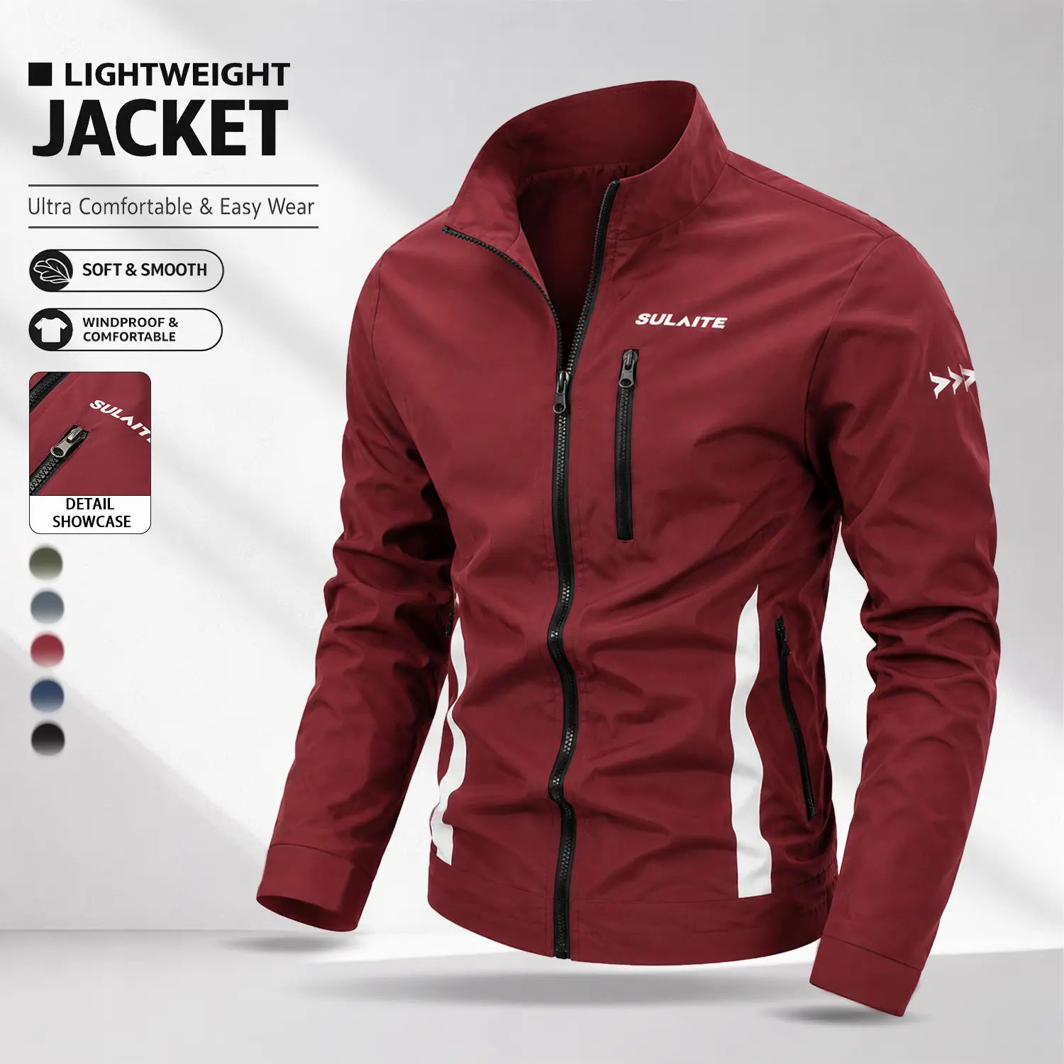 Men’s American functional burgundy stand-collar jacket | Side stripe contrast-color windproof casual outerwear with multiple pockets, versatile for commuting
