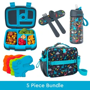 Bentgo Kids Prints 5 Piece Lunch Bundle - Includes Lunch Box, Lunch Bag, Water Bottle, Utensils & Reusable Ice Packs - Tableware for Kids
