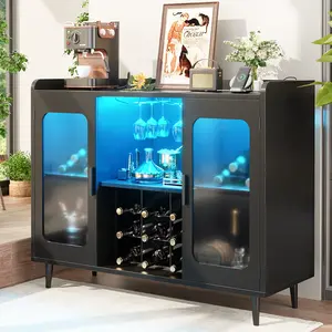 Homieasy Wine Bar Cabinet with Power Outlet, Liquor Cabinet Bar with LED Light and Glass Holder, Home Coffee Bar Cabinet, Buffet Sideboard with Storage Shelf for Kitchen, Dining Room