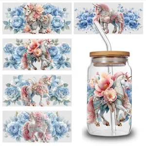 5 Sheets Unicorn Floral UV DTF Stickers Themed UV DTF Transfer Paper - Waterproof & Scratch Resistant, 3D Crystal Clear Decals for Glass Cups, Mugs, Laptops, Refrigerators