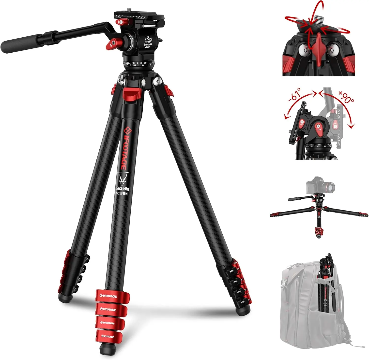 TC3BS+K3S Carbon Fiber Tripod with Fluid Head,2.9lb Professional Travel Kit