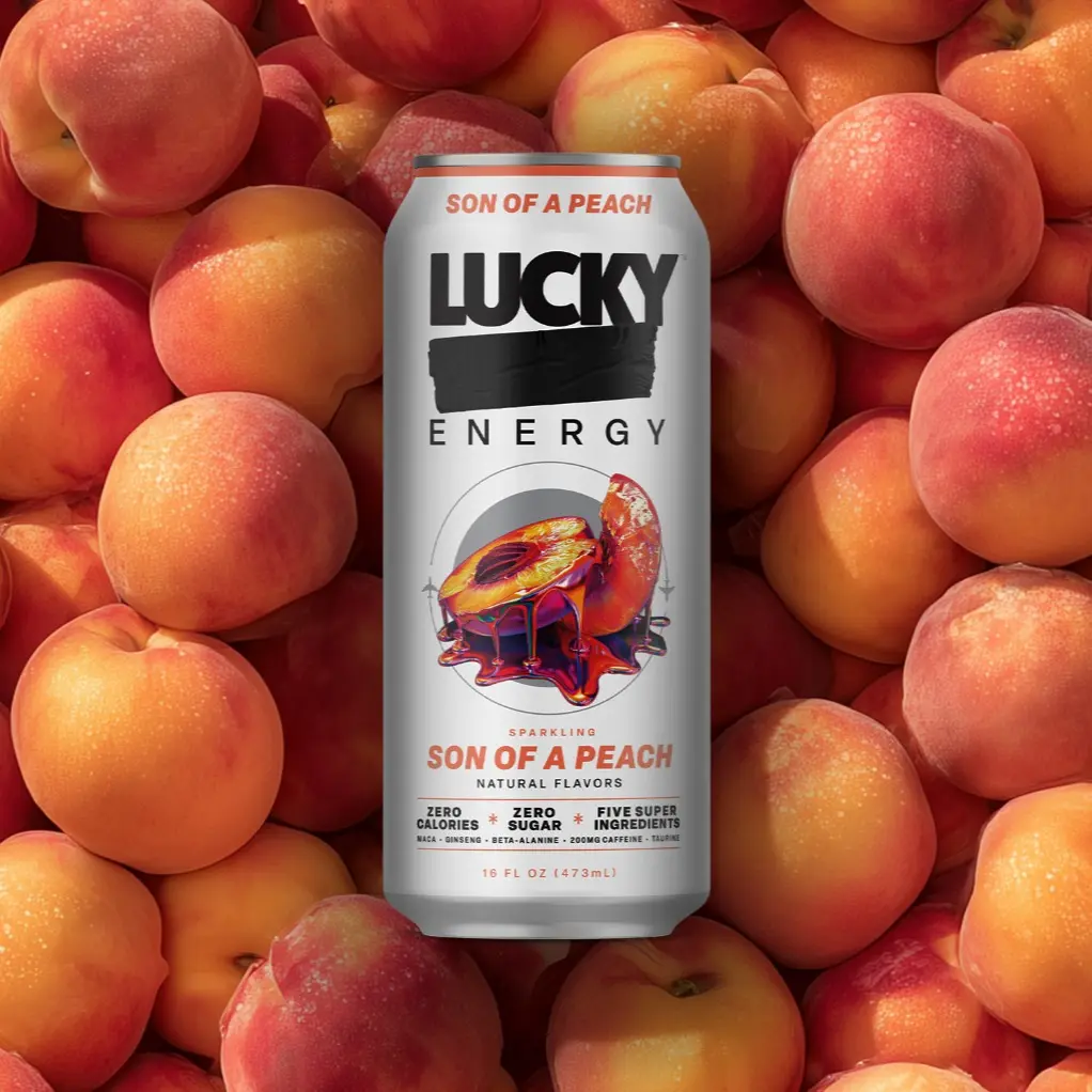 Lucky Energy - Son of a Peach - Zero Sugar Energy Drink - 16oz Cans - 200mg Caffeine with Maca Ginseng Beta Alanine & Taurine - 12-Pack - Vegan Gluten-Free