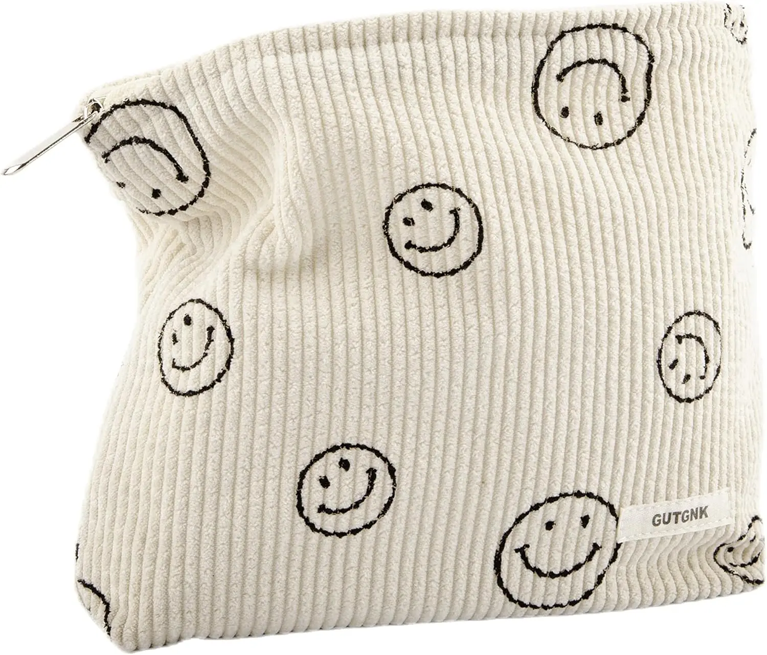Women's Corduroy Makeup Bag - Handheld Cosmetic Pouch, Portable Multi-Function Makeup Organizer Pouch with Cute Smiley Face Graphic, Beige Zippered Ladies Tote Bag, 2024 TikTok Viral