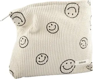 Limited Christmas Sale: Makeup Bag for Women - Corduroy Cosmetic Bag with Cute Smiley Face Design, Ladies Tote Bag,Beige with Zipper,TikTok Viral 2024