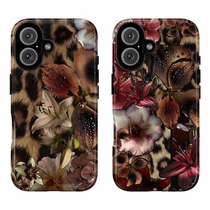 Luxury Dark Feminine Animal Print Leopard Flowers Cellphone Case - MagSafe-Compatible, Handheld-Friendly, Protective Accessory for iPhone 11-17 Pro Max, Wireless Charging Support, Smartphone