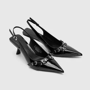 Women's Patent Leather Buckle Accent Pointed-Toe Kitten Heel Sandals - Stylish High-Heel Footwear for Daily Wear & Parties