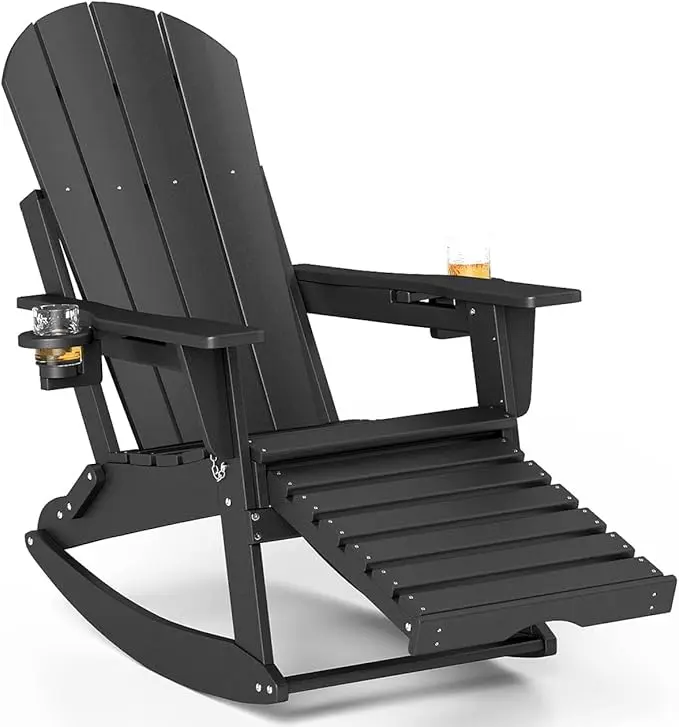 FOOWIN Durable Waterproof HDPE Folding Adirondack Rocking Chair with Fixed Arms, Retractable Ottoman, 2 Cupholders, Stainless Steel Accents for Relaxation, Portable Outdoor Chair for Back Porch, Patio