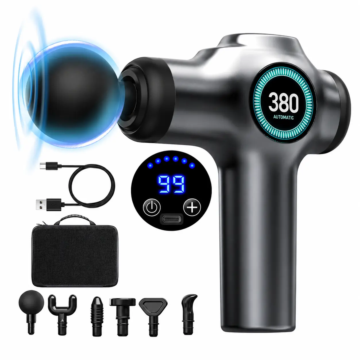 BiLOLLY massage gun, deep tissue massage gun, impact back massage gun, portable mini muscle massage gun, suitable for exercised muscles, relieves pain, equipped with 8 massage heads and 99 adjustable speeds.