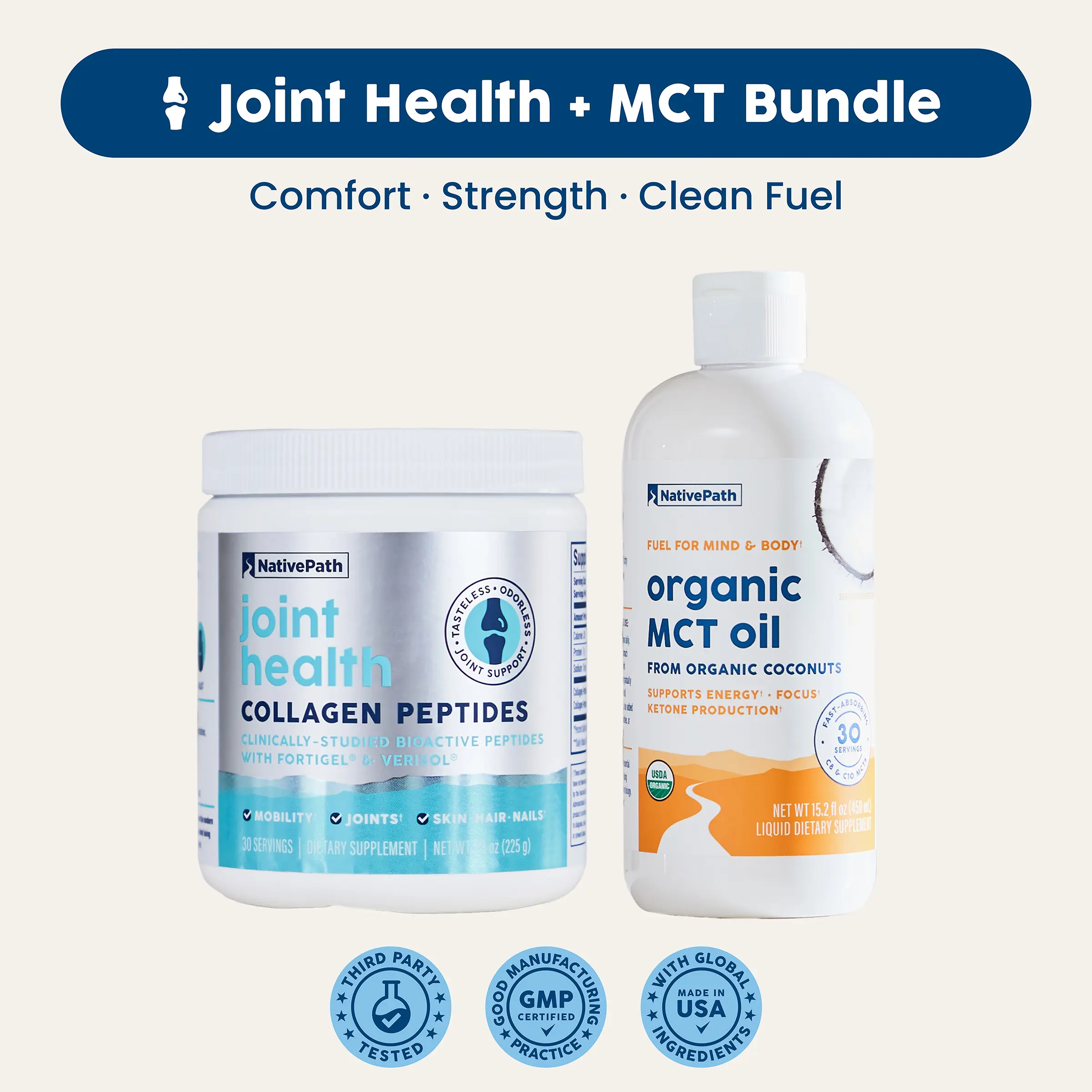 NativePath Joint Health Collagen & MCT Oil Bundle - Grass-Fed Collagen with FORTIGEL & VERISOL + Organic MCT Oil - Joint, Skin & Energy Support - Keto-Friendly, Paleo, Whole30 - Unflavored - 30 Servings Each