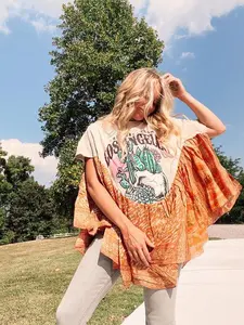 Lady's Oversized Batwing Shortsleeve Boho Blouse - Patchwork Print, Lightweight Medium-Length Flowy Tunic, Comfortable Fashion Casual Vacation Top