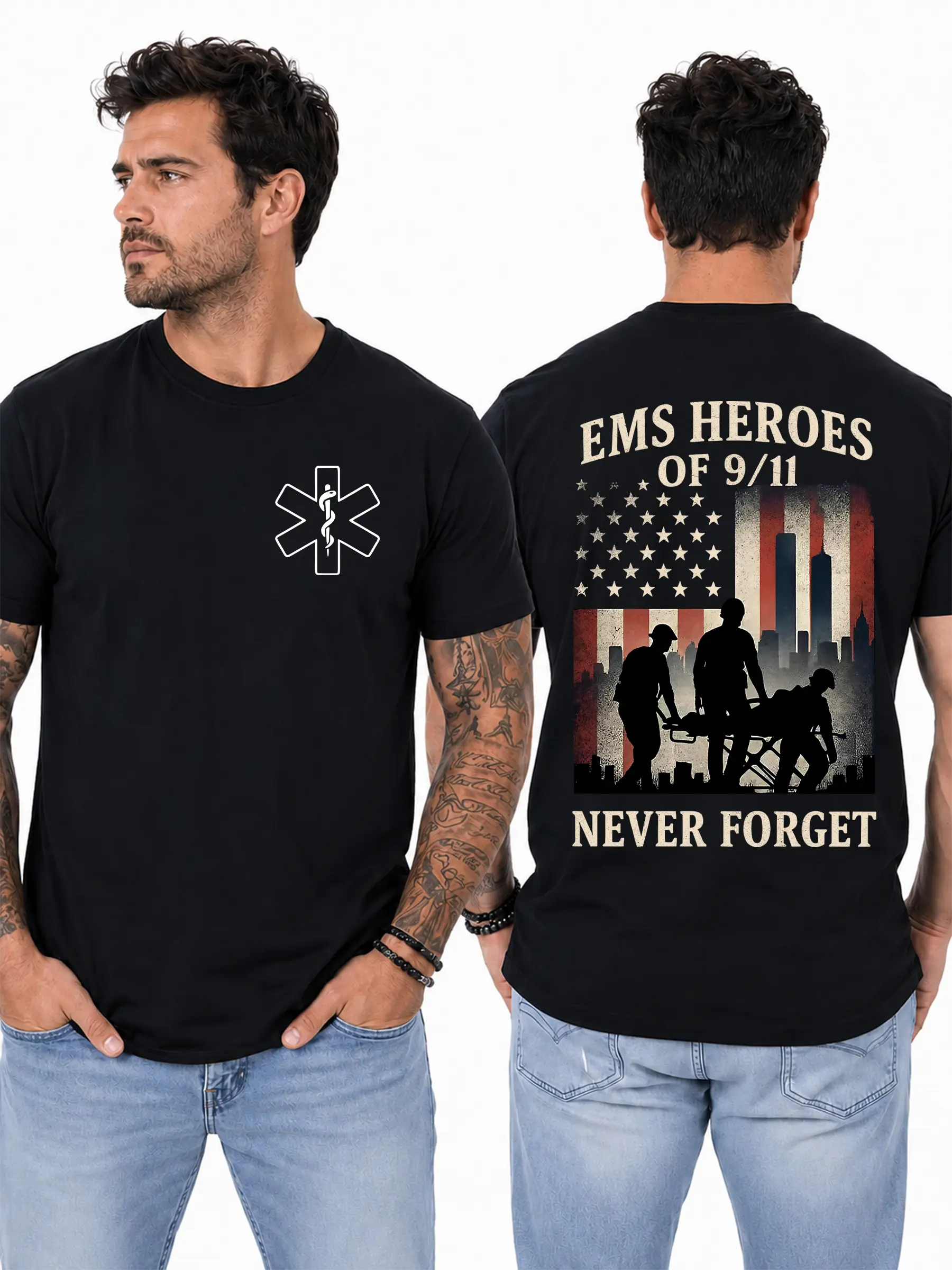 Women's Short-Sleeve Cotton Round Neck Casual Classic T-Shirt - EMS 9/11 Heroes Tribute Graphic, American Flag Twin Towers Never Forget Memorial Gift for Paramedics