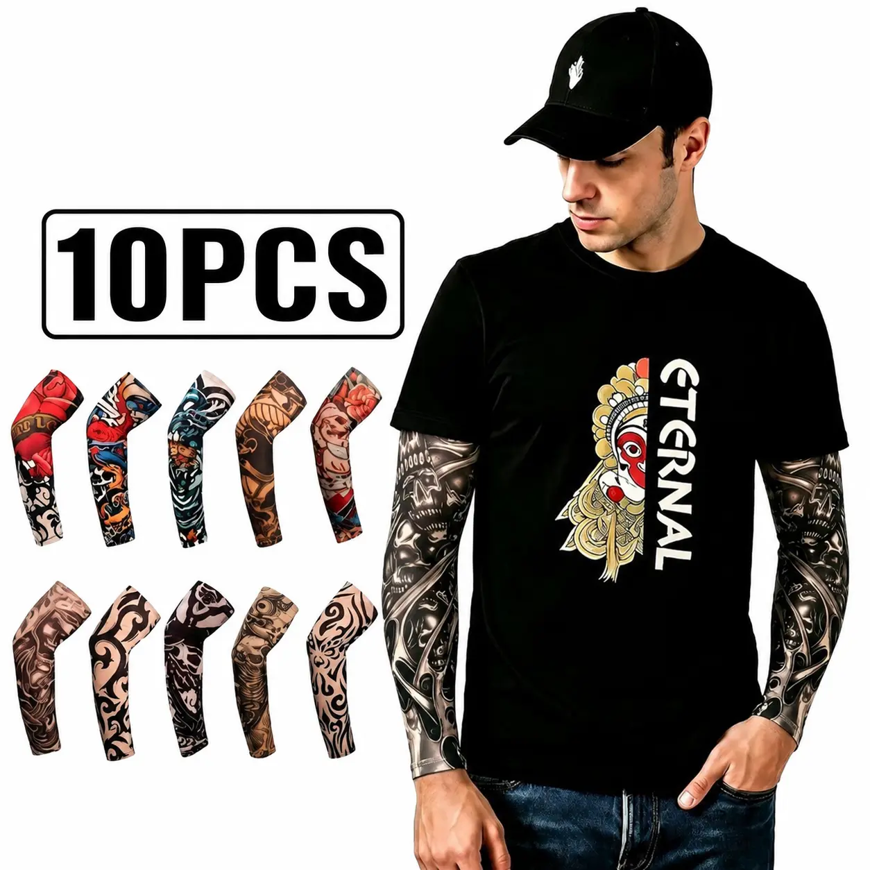 Temporary Tattoo Arm Sleeves for Men and Women, 10Pcs Tattoo Pattern Cooling Arm Sleeves, Breathable Knit Slip‑On Sports Arm Covers for Outdoor Cosplay Party Use