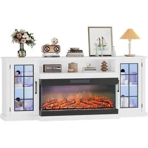 75 Inch Fireplace TV Stand For TV Up To 85 Inch Modern White Entertainment Center With 40 Inch 3 Sided Glass Electric Fireplace 1400W Heater Remote Control 12 Flame Colors Media Console Table Storage Cabinet For Living Room