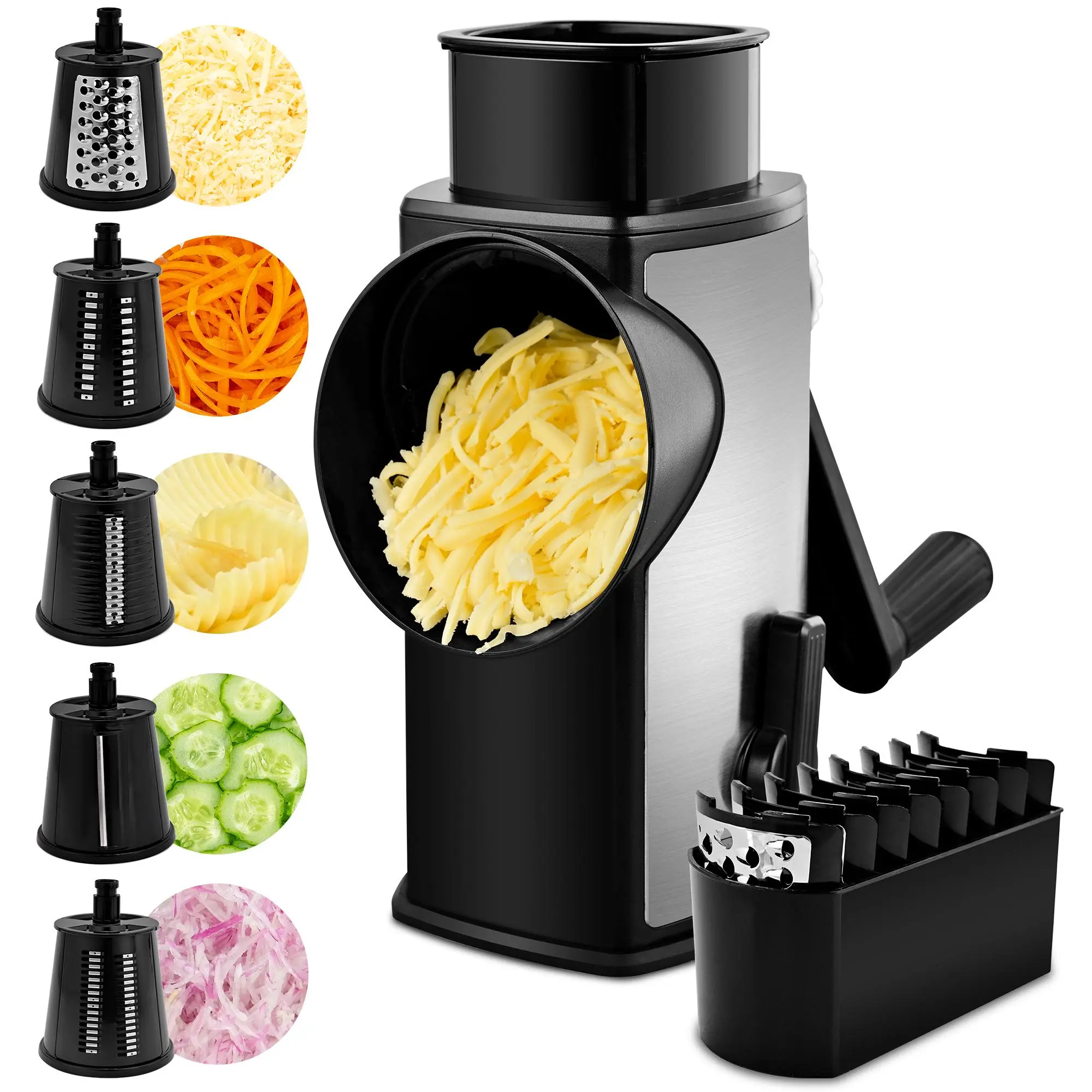 SUSTEAS 5-in-1 Rotary Grater & Vegetable Slicer – BPA-Free Food Processor with 5 Stainless Steel Blades, Non-Slip Suction Base, Detachable Design for Easy Cleaning, Perfect for Fruits, Veggies & Nuts Kitchen Utensils Pink,summerwins