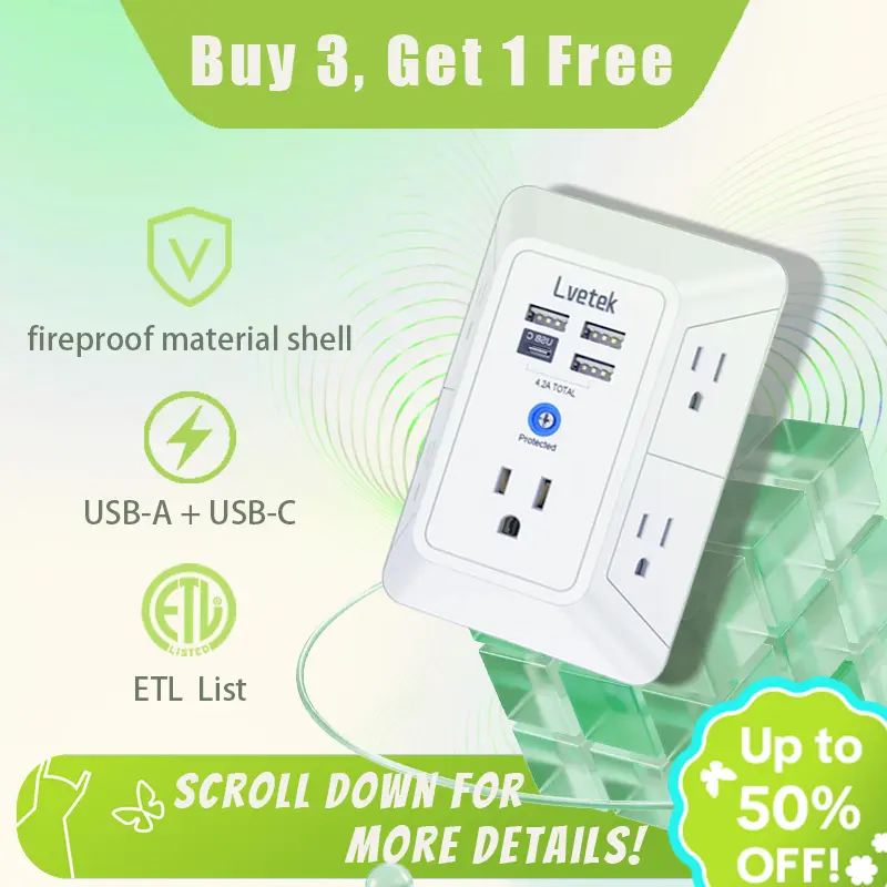 Back to School Essential LVETEK Outlet Extender, 5 Outlet Surge Protector with 4 USB Ports (1 USB-C), 3-Sided Multi Plug Wall Adapter, 1680J Power Strip with ETL Listed Protection for Home, Dorm & Office
