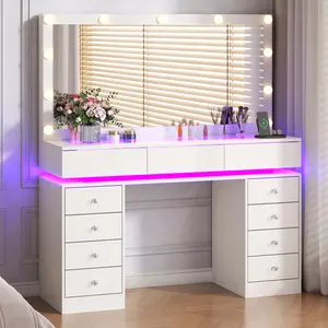47" Vanity Desk with Large LED Mirror & Lights Makeup Table Glass Top Charging Station White 11 Drawers Storage 3 Color Modes Dressing Table