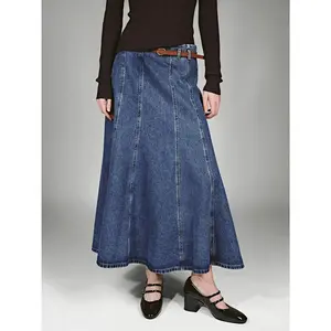 URBAN REVIVO Women's Cotton Fabric Minimalist Belt-Style Long Skirt - Pleated Seam Detail, Hip-Flattering, Multi-Size Lady's Basic Clothes