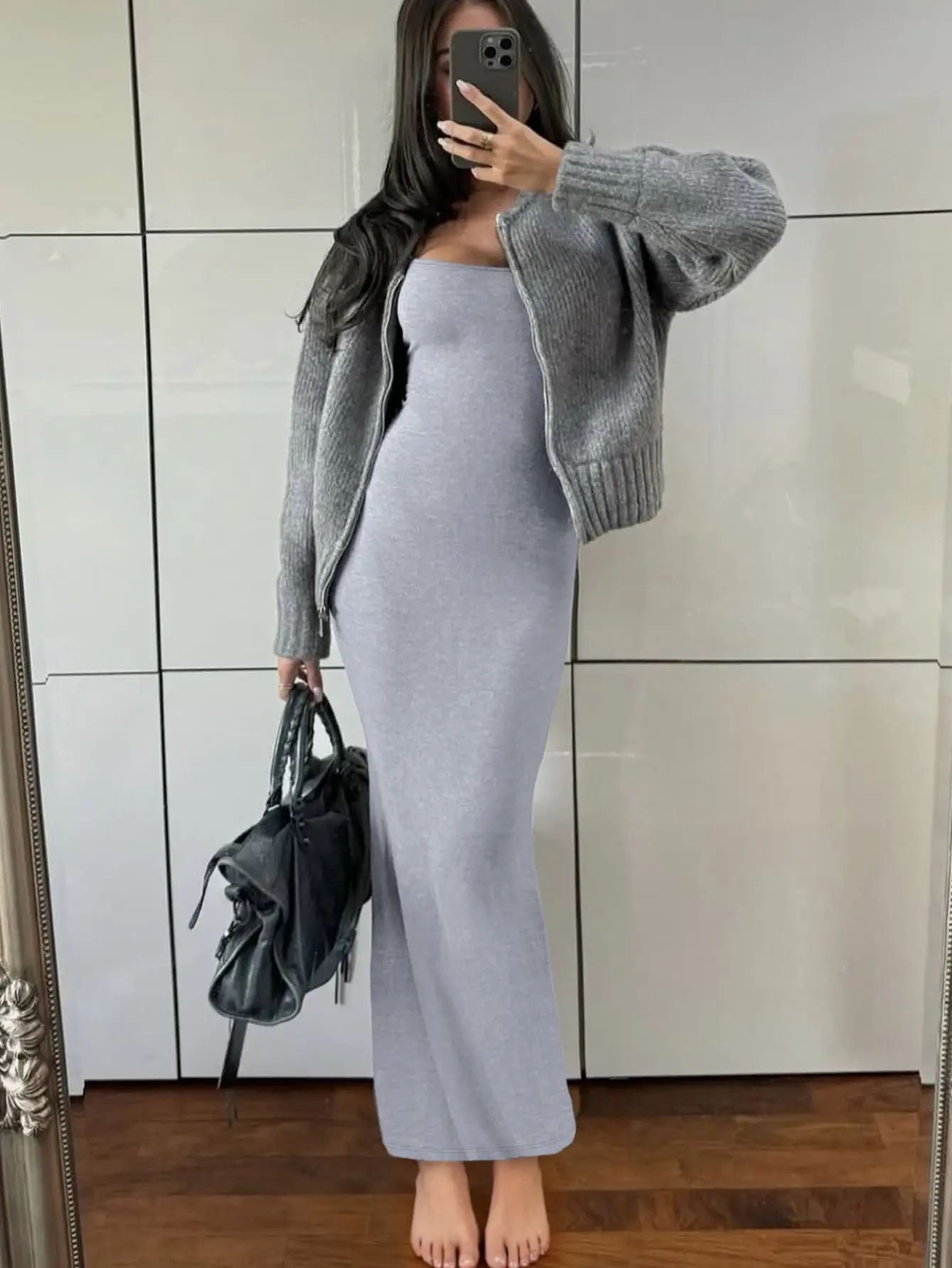 ASANDY Women's Basic Gray Square Neck Long Sleeve Knit Fitted Bodycon Dress  - Soft, Stretchy Fall/Winter Evening Party Dress - TikTok Shop