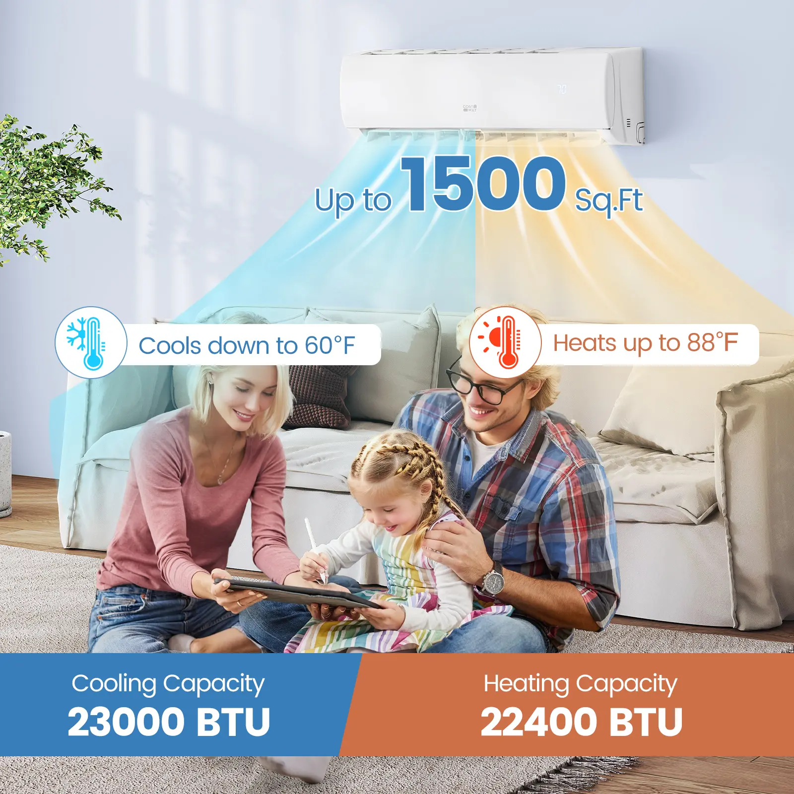 COSTWAY - Energy-Efficient 23000 BTU Inverter Mini Split AC/Heater | 1500 sq ft Cooling & Heating, R32 Refrigerant