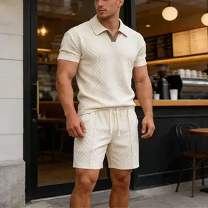 Men’s summer casual set, breathable short-sleeve polo shirt and drawstring shorts two-piece set, jacquard fabric, suitable for everyday wear and going out #SummerVibes