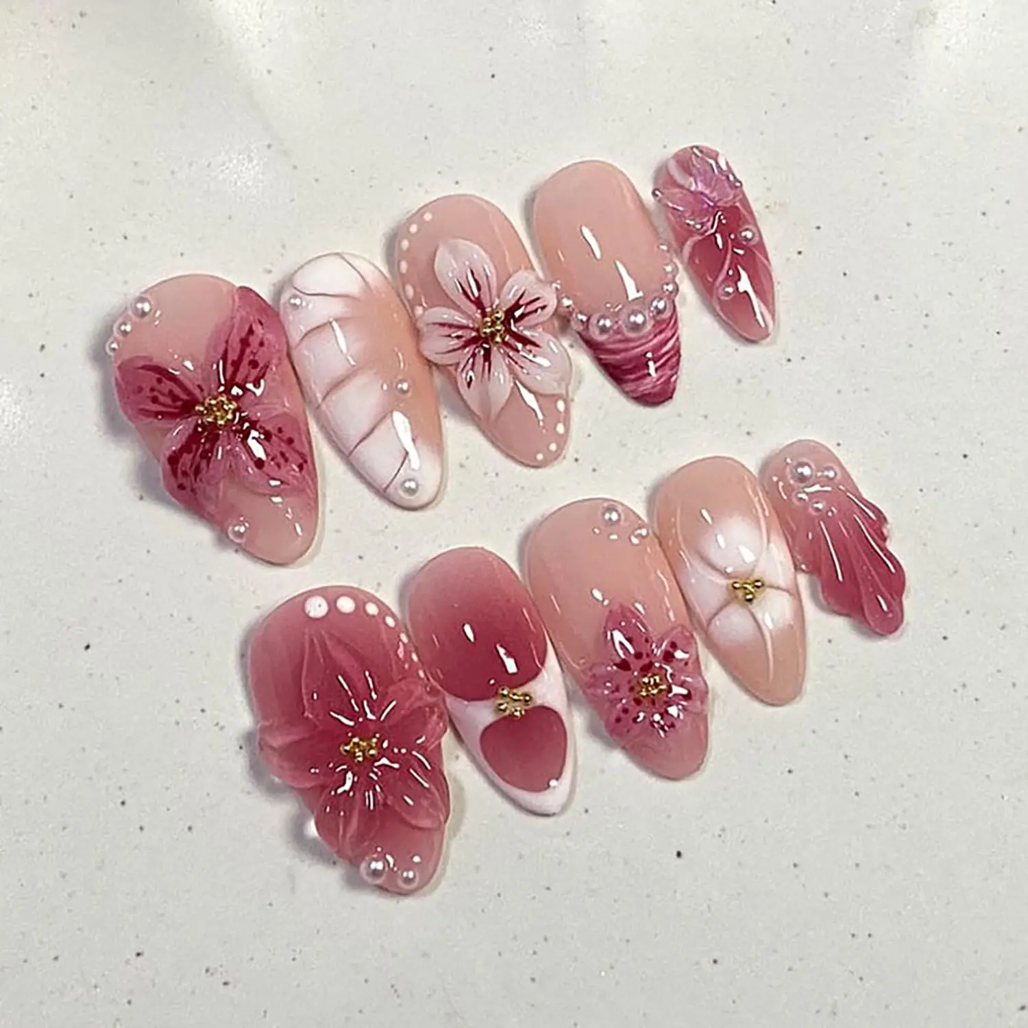 Soft Pink Cherry Blossom Nails - Hand-Carved Floral Press Ons with Pearl Details Flower Nails